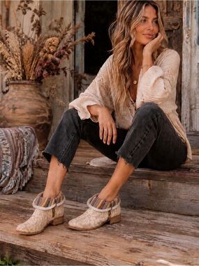 FELMINI Beige Perforated Genuine Leather Slouchy Ankle Boots Double Zipper Boho
